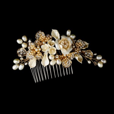 Audriana Bridal Headpiece: Bridal Comb with Flowers & Freshwater Pearls (Gold)
